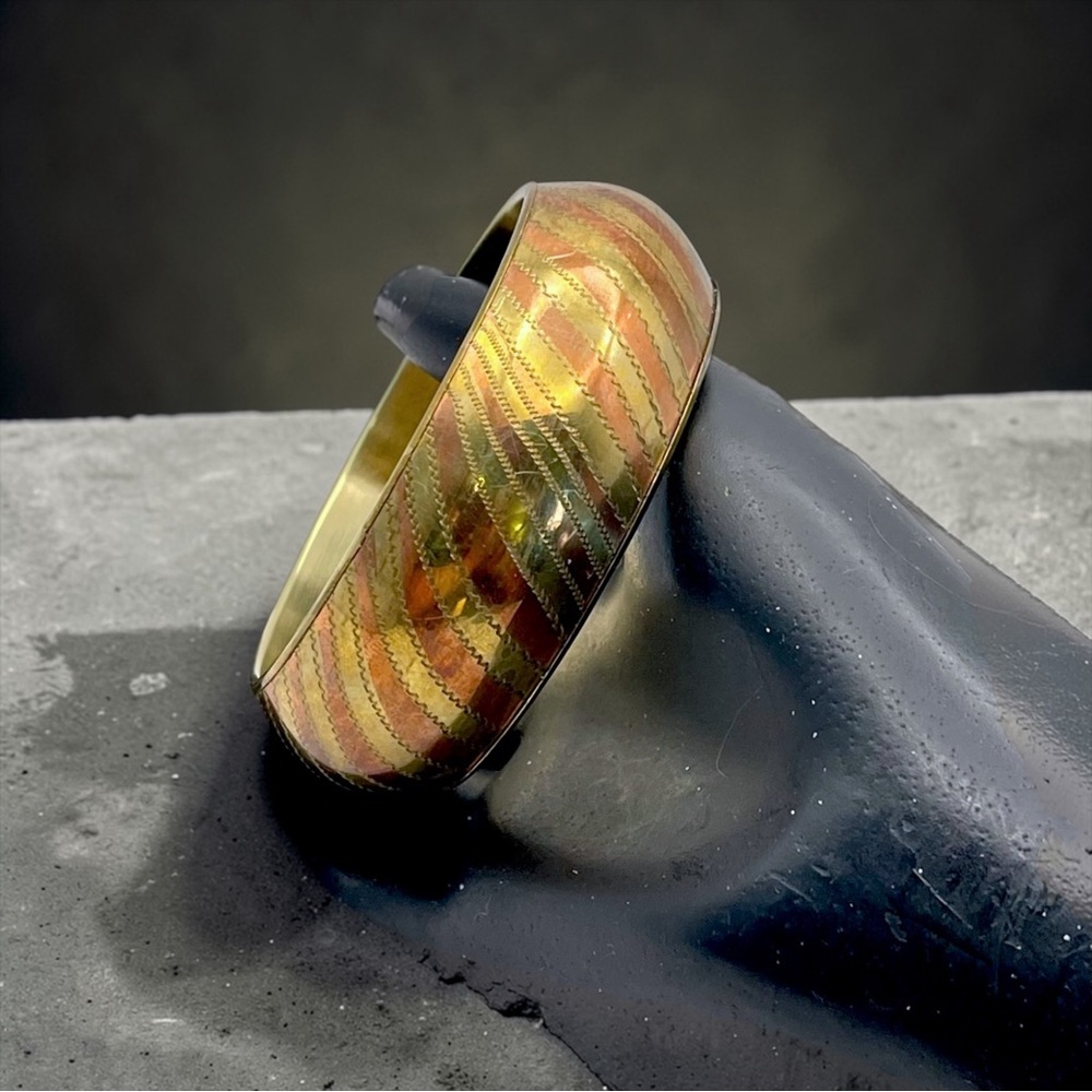 Chunky Vintage Brass and Copper Bangle Bracelet Striped Design Bold Statement